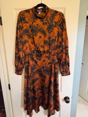 Long-Sleeve Rust Orange Tropical Print Dress by